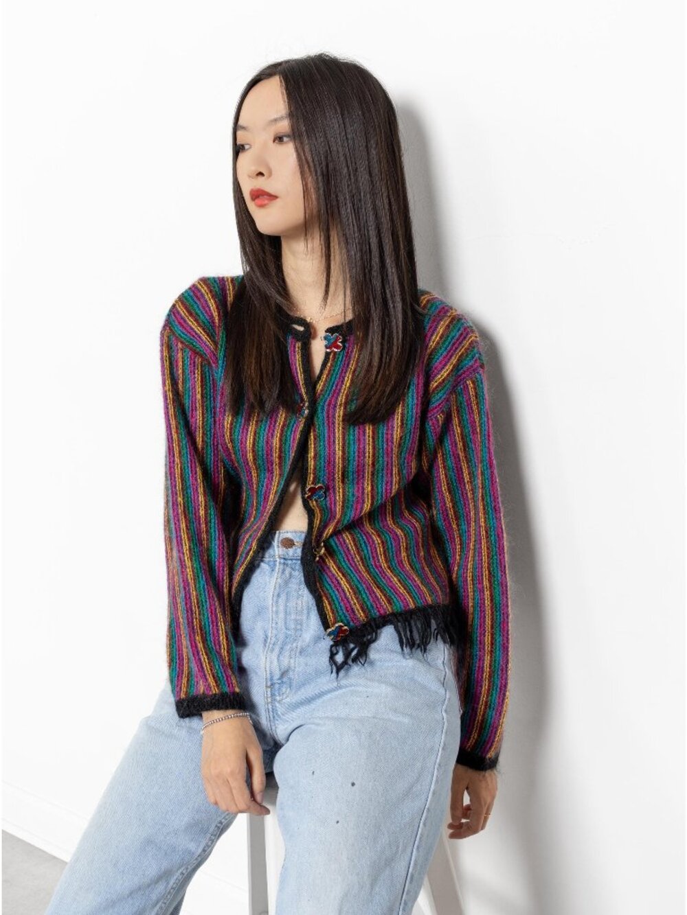 STRIPE Mohair Sweater Boxy Soft Fuzzy Textured Fringe Jumper / Small Medium